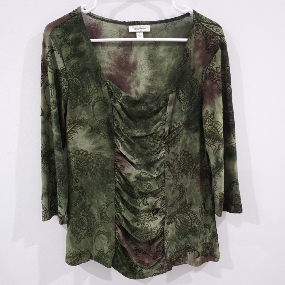 Dressbarn Womens Fairy Top Large Velvet Burnout Dark‎ Romance Whimsical Sheer